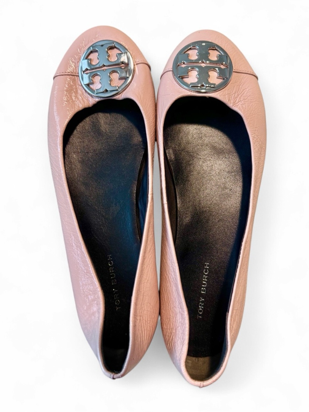 Tory Burch Chelsea Cap-Toe Leather Ballet Flats Shell Pink Silver Logo Size 6.5